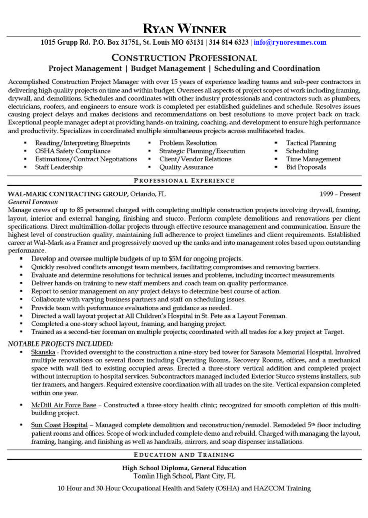 Sample of Construction resume