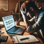 frustrated job seeker sitting at a desk, holding their head in stress while looking at a laptop screen displaying a rejected job application. Scattered resumes, a coffee cup, and a notepad are on the desk, emphasizing the struggle of job searching